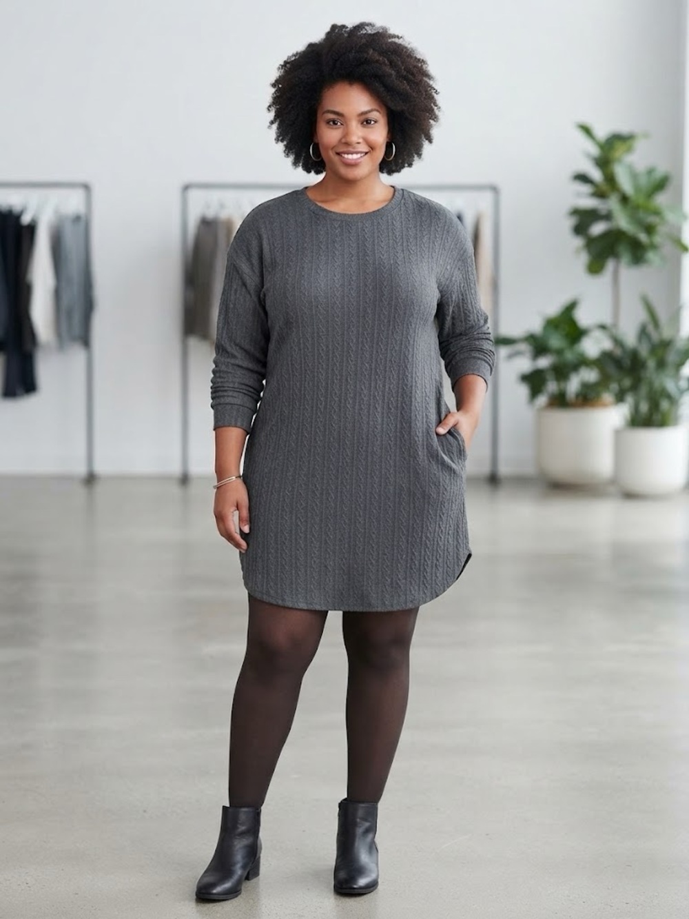 Gray Knit Sweater Dress with Pockets - Women